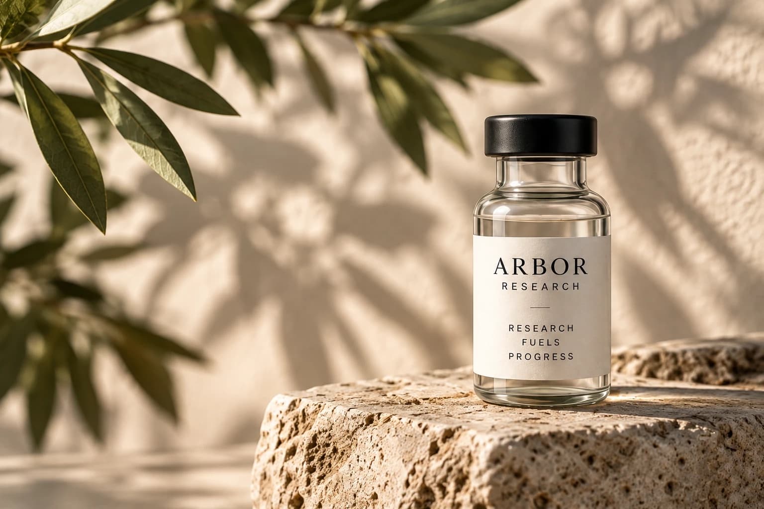 An Arbor Research vial on a stone block, with olive leaves casting shadows on the wall behind it